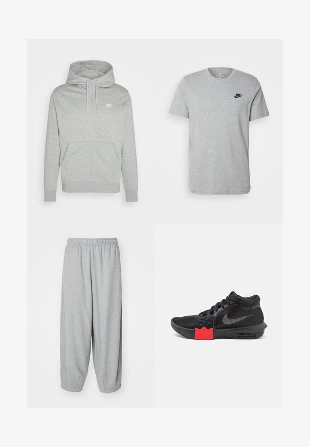 Gray zip-up hoodie made of soft fabric. Features a front pocket, drawstring hood, and a small white Nike logo on the chest.; Gray short-sleeve T-shirt made of cotton, featuring a black Nike logo on the chest and a round neckline. Minimalist design with no patterns.; Light gray, loose-fitting sweatpants made of soft fabric. Elastic waistband and cuffs at the ankles. Simple and unadorned design.; Black athletic shoes with a mesh upper, red accents on the midsole, and a visible air unit. Features textured side panels and laces.