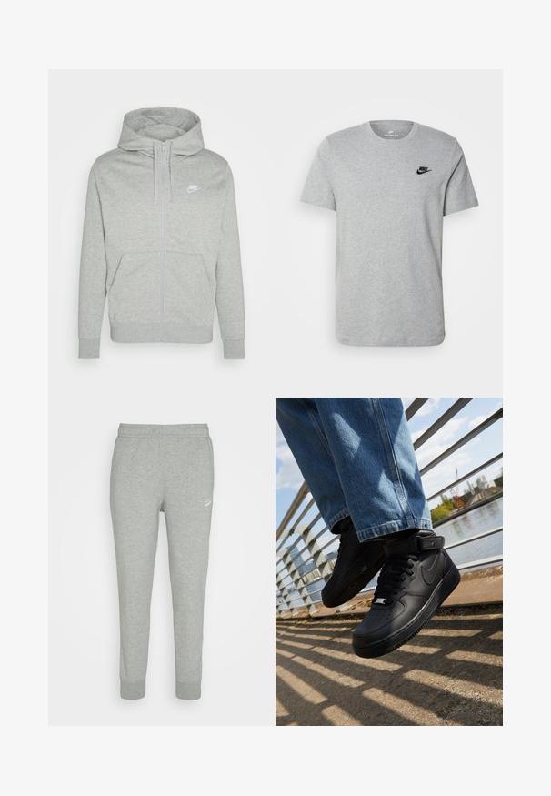 Siva zip-up kapuca iz mehkega blaga. Ima sprednji žep, kapuco z vrvico in majhen bel Nike logotip na prsih.; Siv majica s kratkimi rokavi iz bombaža, ki ima črni Nike logotip na prsih in okroglo ovratnico. Minimalističen dizajn brez vzorcev.; Sive hlače iz mehkega blaga, ki imajo oblikovane noge, elastičen pas in majhen beli Nike logotip na levi stegnu.; Črne Nike Air Force 1 teniske z usnjenim zgornjim delom, mrežastim jezikom in gumijastim podplatom, s posebno visoko zasnovo in debelimi vezalkami.