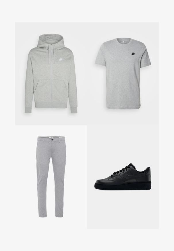 Grau farbener Zip-Hoodie aus weichem Stoff. Verfügt über eine Fronttasche, eine Kapuze mit Kordelzug und ein kleines weißes Nike-Logo auf der Brust.; Graues T-Shirt mit kurzen Ärmeln aus Baumwolle, mit einem schwarzen Nike-Logo auf der Brust und einem runden Ausschnitt. Minimalistisches Design ohne Muster.; Graue Baumwollmischung-Hosen in Slim-Fit mit Reißverschluss, Knopfverschluss und Standardtaschen für Funktionalität.; Schwarzer Nike Air Force 1 Schuh mit einem glatten Lederoberteil, perforierter Zehenpartie für Atmungsaktivität, schwarzen Schnürsenkeln und einer strukturierten Gummisohle.