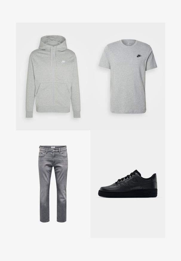 Hanorac gri cu fermoar, realizat dintr-un material moale. Include o buzunar frontal, glugă cu șnur și un mic logo alb Nike pe piept.; Tricou gri cu mânecă scurtă, fabricat din bumbac, având un logo negru Nike pe piept și un decolteu rotund. Design minimalist, fără modele.; Jeanși din denim gri cu un design clasic cu cinci buzunare, fermoar și o croială dreaptă. Țesătura are o textură subtilă și o ușoară decolorare.; Adidașii negri Nike Air Force 1 cu un exterior din piele netedă, vârf perforat pentru respirabilitate, șireturi negre și o talpă din cauciuc texturată.