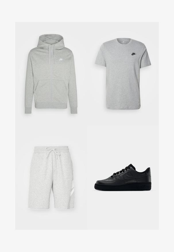 Szara bluza z kapturem zapinana na zamek, wykonana z miękkiego materiału. Posiada przednią kieszeń, kaptur z regulowanym sznurkiem oraz małe białe logo Nike na klatce piersiowej.; Szara koszulka z krótkim rękawem wykonana z bawełny, z czarnym logo Nike na piersi i okrągłym dekoltem. Minimalistyczny design bez wzorów.; Męskie szare szorty dresowe wykonane z miękkiej bawełny, z elastycznym paskiem w talii ze sznurkiem, bocznymi kieszeniami oraz białym logo.; Czarne sneakersy Nike Air Force 1 z górną częścią wykonaną z gładkiej skóry, perforowanym noskiem dla lepszej wentylacji, czarnymi sznurówkami oraz teksturowaną gumową podeszwą.