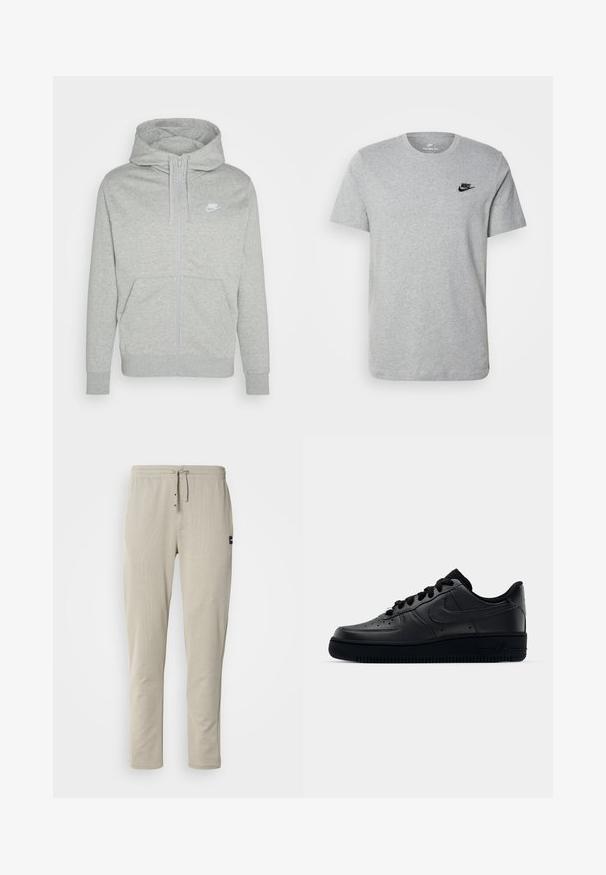 Hall suurte tõmblukkudega hoodied, mis on valmistatud pehmest kangast. Omab eesmist taskut, reguleeritavat kapuutsi ja väikest valget Nike logo rinnal.; Halli lühikeste varrukatega T-särk, mis on valmistatud puuvillast ja millel on rinnal must Nike'i logo ning ümar kaelus. Minimalistlik disain, ilma mustriteta.; Beige jookerpüksid pehmest kangast, millel on elastne vöökoht, nöör ja kaks esi-taskut. Minimalistlik disain külgõmblustega.; Mustad Nike Air Force 1 tossud musta sileda nahast, perforatsioonidega varvas hingavuse tagamiseks, mustad paelad ja tekstureeritud kummitald.