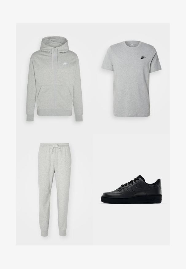 Siva majica sa zatvaračem napravljena od mekog materijala. Ima prednji džep, kapuljaču s vezicom i mali bijeli Nike logo na prsima.; Siva kratka majica s kratkim rukavima od pamuka, s crnim Nike logotipom na prsima i okruglim izrezom. Minimalistički dizajn bez uzoraka.; Sive trenirke napravljene od mekanog materijala s elastičnim pojasom, zatvaranjem na vezicu i rebrastim manžetama. Ima mali logo sa strane.; Crne Nike Air Force 1 tenisice s glatkim gornjim dijelom od kože, perforiranom prednjom stranom za prozračnost, crnim vezicama i teksturiranim gumiranim potplatom.