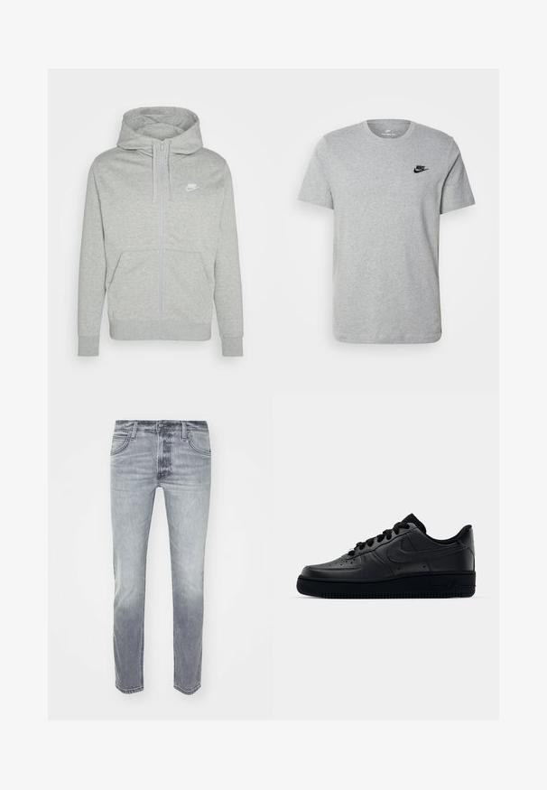 Harmaa vetoketjuhuppu, joka on valmistettu pehmeästä kankaasta. Ominaisuuksiin kuuluu etutasku, nauhalla säädettävä huppu ja pieni valkoinen Nike-logo rinnassa.; Harmaa lyhythihainen T-paita, joka on valmistettu puuvillasta. Paidassa on musta Nike-logo rinnassa ja pyöreä kaula-aukko. Minimalistinen muotoilu ilman kuvioita.; Harmaan farkut, joissa on hieman haalistunut pinta, viisipocket-malli, vetoketjukiinnitys ja suora lahje. Sujuva pinta ja minimaalinen ompeluyksityiskohta.; Musta Nike Air Force 1 -lenkkari, jossa on sileä nahkapinta, rei'itetty varvasosa hengittävyyden parantamiseksi, mustat nauhat ja teksturoitu kumipohja.