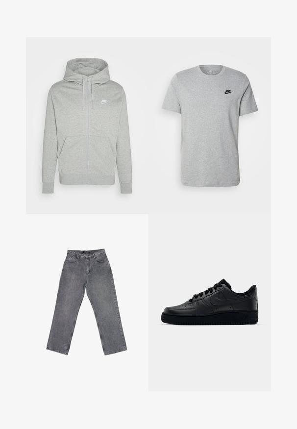Grå hettegenser med glidelås laget av mykt stoff. Har en frontlomme, snor i hetten og en liten hvit Nike-logo på brystet.; Grå t-skjorte med kort erme laget av bomull, med en svart Nike-logo på brystet og rund halslinning. Minimalistisk design uten mønstre.; Grå denim bukser med straight-leg cut, med fem lommer, beltehemper, og en falmet tekstur. Enkelt design, ingen synlige mønstre.; Svart Nike Air Force 1-sneaker med en glatt skinnoverdel, perforert tå for pusteevne, svarte snørebånd og en teksturert gummisåle.