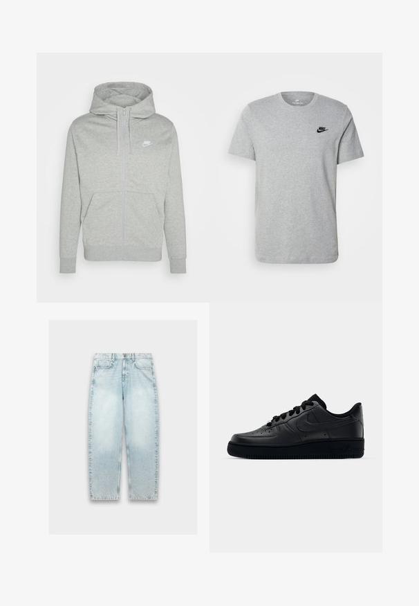 Szara bluza z kapturem zapinana na zamek, wykonana z miękkiego materiału. Posiada przednią kieszeń, kaptur z regulowanym sznurkiem oraz małe białe logo Nike na klatce piersiowej.; Szara koszulka z krótkim rękawem wykonana z bawełny, z czarnym logo Nike na piersi i okrągłym dekoltem. Minimalistyczny design bez wzorów.; Jasnoniebieskie dżinsy o luźnym kroju, proste nogawki, wyblakła struktura, pięć kieszeni oraz metalowy guzik w pasie.; Czarne sneakersy Nike Air Force 1 z górną częścią wykonaną z gładkiej skóry, perforowanym noskiem dla lepszej wentylacji, czarnymi sznurówkami oraz teksturowaną gumową podeszwą.