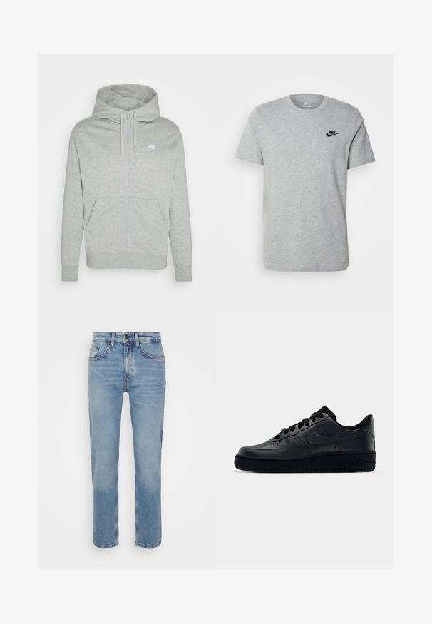 Fleece cinzento com fecho éclair, feito de um tecido suave. Apresenta um bolso frontal, capuz com cordão e um pequeno logótipo branco da Nike no peito.; T-shirt cinza de manga curta em algodão, com um logo preto da Nike no peito e um decote redondo. Design minimalista sem padrões.; jeans de denim azul claro com corte reto, cinco bolsos e uma costura contrastante. Detalhe clássico de fecho botão e zíper na cintura.; Sapatilha Nike Air Force 1 preta com parte superior em couro liso, bico perfurado para respirabilidade, atacadores pretos e sola de borracha texturizada.