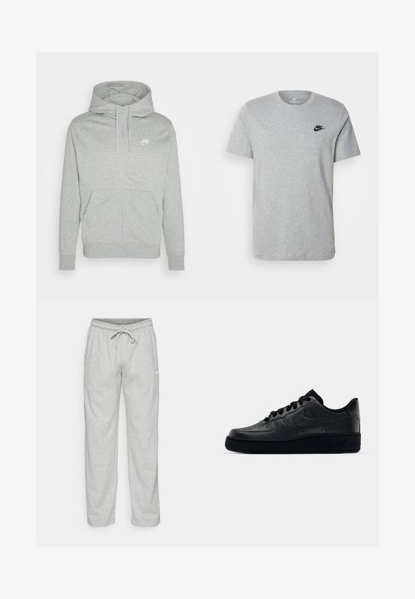 Pelēks rāvējslēdzēja kapuci izgatavots no mīkstas auduma. Iespējas ietver priekšējo kabatu, regulējamu kapuci un mazu balto Nike logo uz krūtīm.; Pelēka īsām piedurknēm T-kreklā, kas izgatavots no kokvilnas, ar melnu Nike logotipu uz krūtīm un apaļu dekoltē. Minimalistiska dizaina bez rakstiem.; Gai pelēki treniņbikses, kas izgatavotas no mīkstas auduma. Iespējas ietver elastīgu jostu ar auklu un Nike logo melnā krāsā kreisajā augšstilbā.; Melni Nike Air Force 1 apavi ar gludu ādas virsu, perforētu purngalu gaisa caurlaidībai, melnām šņorēm un teksturētu gumijas zoli.