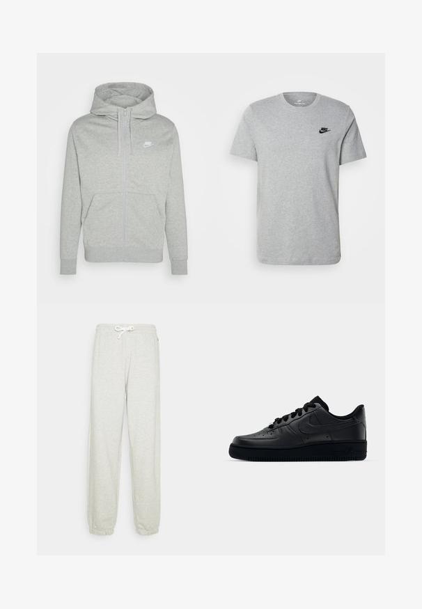 Grau farbener Zip-Hoodie aus weichem Stoff. Verfügt über eine Fronttasche, eine Kapuze mit Kordelzug und ein kleines weißes Nike-Logo auf der Brust.; Graues T-Shirt mit kurzen Ärmeln aus Baumwolle, mit einem schwarzen Nike-Logo auf der Brust und einem runden Ausschnitt. Minimalistisches Design ohne Muster.; Hellgraue Sweatpants mit einem Kordelzugbund, elastischen Bündchen und einer weichen Textur. Keine sichtbaren Muster oder zusätzlichen Hardware.; Schwarzer Nike Air Force 1 Schuh mit einem glatten Lederoberteil, perforierter Zehenpartie für Atmungsaktivität, schwarzen Schnürsenkeln und einer strukturierten Gummisohle.