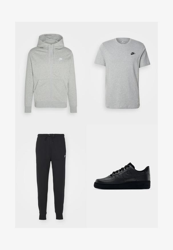 Siva majica sa zatvaračem napravljena od mekog materijala. Ima prednji džep, kapuljaču s vezicom i mali bijeli Nike logo na prsima.; Siva kratka majica s kratkim rukavima od pamuka, s crnim Nike logotipom na prsima i okruglim izrezom. Minimalistički dizajn bez uzoraka.; Crne trenirke izrađene od mješavine pamuka, s vezicom u struku, suženim nogavicama i malim bijelim logom sprijeda.; Crne Nike Air Force 1 tenisice s glatkim gornjim dijelom od kože, perforiranom prednjom stranom za prozračnost, crnim vezicama i teksturiranim gumiranim potplatom.