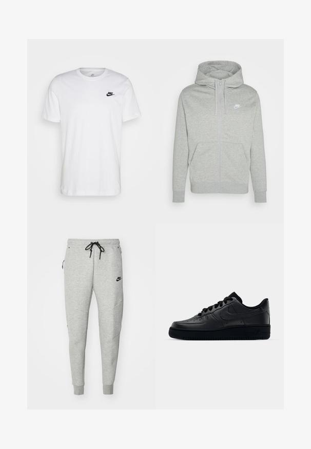 Pelēks rāvējslēdzēja kapuci izgatavots no mīkstas auduma. Iespējas ietver priekšējo kabatu, regulējamu kapuci un mazu balto Nike logo uz krūtīm.; Balta kokvilnas T-krekls ar apaļu kaklu, īsām piedurknēm un melnu Nike logo kreisajā krūtīs. Vienkāršs, viendabīgs dizains.; Pelēki sporta bikses ar gludu tekstūru, elastīgu jostasvietu, regulējamu melnu auklu, divām sānu kabatām un mazu melnu logotipu.; Melni Nike Air Force 1 apavi ar gludu ādas virsu, perforētu purngalu gaisa caurlaidībai, melnām šņorēm un teksturētu gumijas zoli.