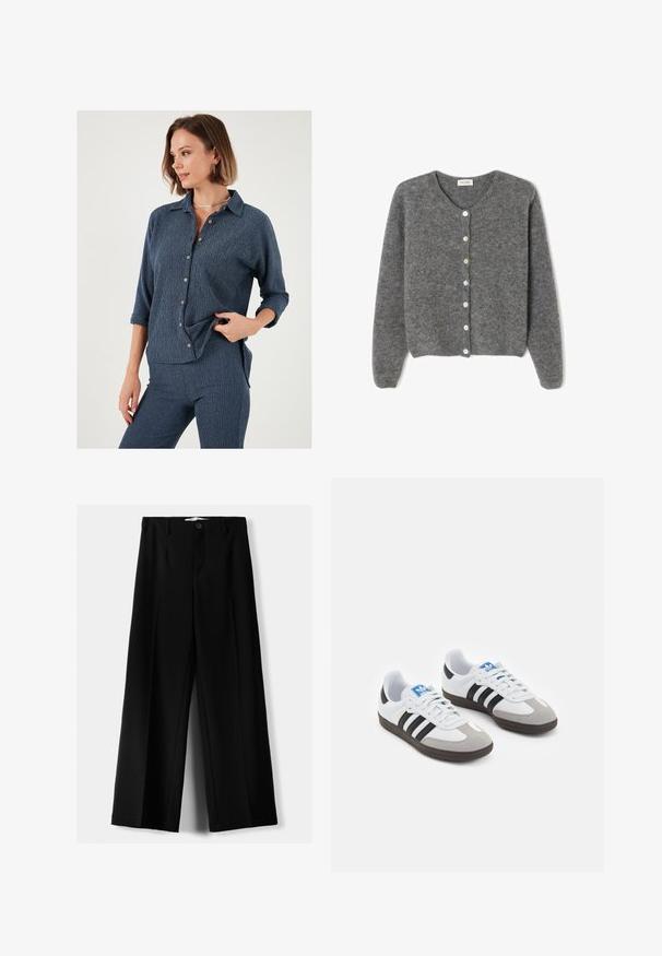 Grijze wollen cardigan met een ronde halslijn, voorzien van zeven knopen aan de voorkant en een zachte, gestructureerde afwerking. De mouwen zijn iets los.; Marineblauwe button-up shirt met een relaxte fit, gestructureerde stof en opgerolde mouwen. Voorzien van contrasterende knopen en een kraag.; Zwarte wijde broek van lichtgewicht stof, met een knoopsluiting aan de voorkant en een vlakke achterkant, afgewerkt met keurig gestikte zoom.; Sportschoenen met een witte leren bovenkant, grijze suède neus en drie zwarte strepen. Bevat een blauw logo op de tong en een gestructureerde rubberen zool.