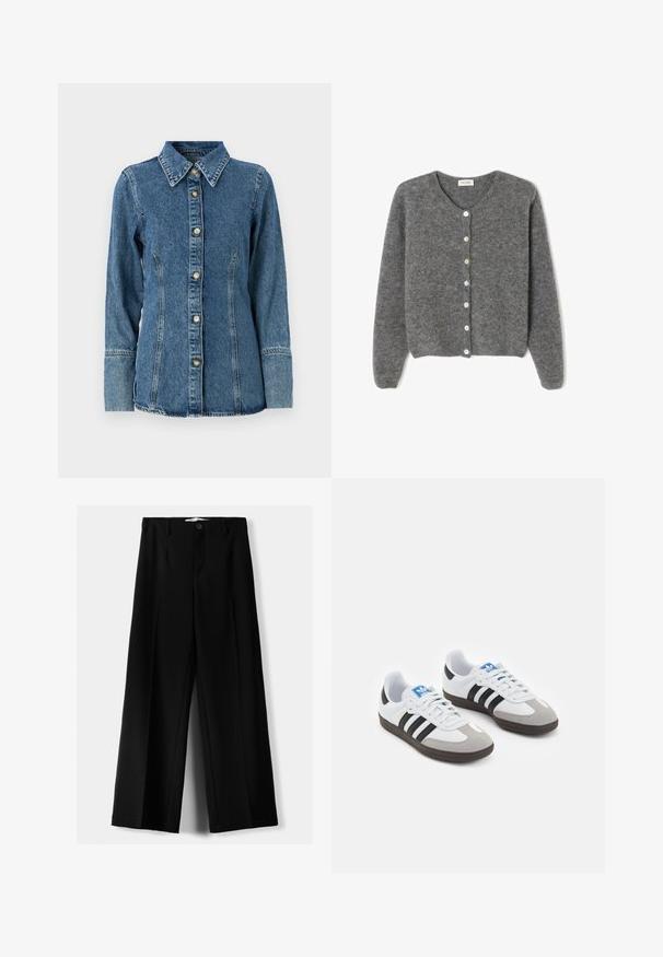 Sivi vuneni kardigan s okruglim izrezom, sa sedam prednjih dugmadi i mekim, teksturiranim završetkom. Rukavi su blago široki.; Traper košulja u srednje plavoj boji, s klasičnom kragnom, dugim rukavima, kopčanjem na dugmiće i kontrastnim šavovima.; Crne široke hlače izrađene od lagane tkanine, s prednjim zatvaranjem na dugme i ravnim prednjim dijelom, sa uredno šivenim rubovima.; Sportske cipele s gornjištem od bijele kože, sivi suedinasti nos i tri crne pruge. Imaju plavi logo na jeziku i teksturiranu gumenu podlogu.