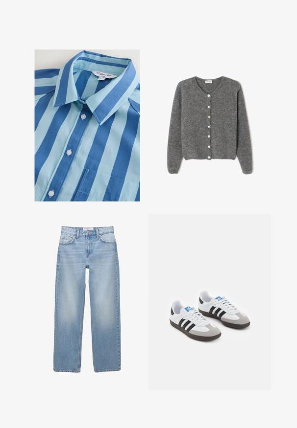 Grau gestrickte Wolle-Cardigan mit rundem Ausschnitt, ausgestattet mit sieben Vorderknöpfen und einer weichen, strukturierten Oberfläche. Die Ärmel sind leicht weit.; Blau- und hellblau gestreiftes Hemd mit Kragen, sechs Knöpfen und einer Brusttasche, aus glattem Stoff gefertigt.; Helle blaue Jeans aus Denim mit geradem Bein, Fünf-Taschen-Stil und sichtbaren Nähdetails. Der Stoff hat eine weiche, leicht ausgewaschene Textur.; Sportschuhe mit einem Obermaterial aus weißem Leder, grauer Wildleder-Zehenkappe und drei schwarzen Streifen. Sie verfügen über ein blaues Logo auf der Zunge und eine strukturierte Gummisohle.