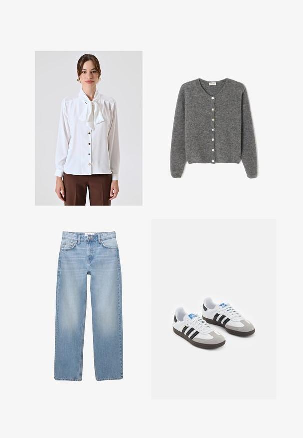 Grijze wollen cardigan met een ronde halslijn, voorzien van zeven knopen aan de voorkant en een zachte, gestructureerde afwerking. De mouwen zijn iets los.; Witte blouse met een strikje kraag, lange mouwen, knoopsluiting aan de voorkant en een subtiele glans. Bevat lichtgekleurde knopen en een gladde stofstructuur.; Lichtblauwe denim jeans met een recht model, vijf zakken en zichtbare stiksels. De stof heeft een zachte, iets vervaagde textuur.; Sportschoenen met een witte leren bovenkant, grijze suède neus en drie zwarte strepen. Bevat een blauw logo op de tong en een gestructureerde rubberen zool.