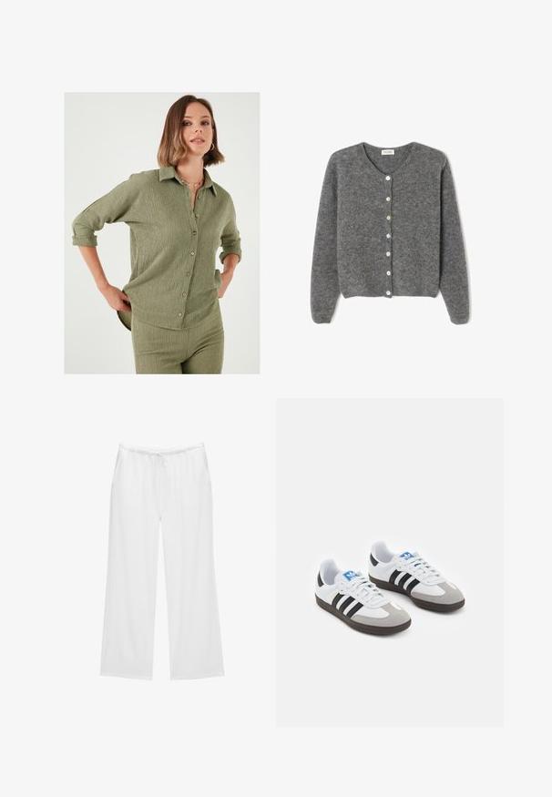 Sivi vuneni kardigan s okruglim izrezom, sa sedam prednjih dugmadi i mekim, teksturiranim završetkom. Rukavi su blago široki.; Maslinasto zelena košulja s teksturiranim materijalom, s gumbima sprijeda i podvrnutim rukavima. Horizontalne šavove stvaraju suptilne detalje i oblik.; Bijele široke hlače izrađene od mekanog materijala, s elastičnom gumom u struku i vezicom, te dva bočna džepa. Jednostavan i uredan dizajn.; Sportske cipele s gornjištem od bijele kože, sivi suedinasti nos i tri crne pruge. Imaju plavi logo na jeziku i teksturiranu gumenu podlogu.