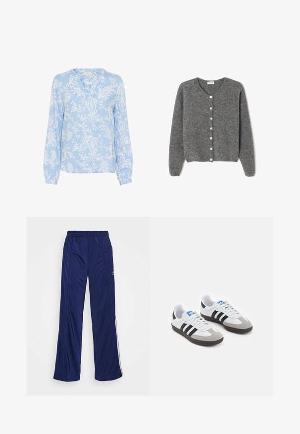 Grau gestrickte Wolle-Cardigan mit rundem Ausschnitt, ausgestattet mit sieben Vorderknöpfen und einer weichen, strukturierten Oberfläche. Die Ärmel sind leicht weit.; Hellblaue Bluse mit langen Ärmeln, V-Ausschnitt und floralem Paisleymuster in Weiß; glattes Material mit gerafften Manschetten.; Marineblaue Sporthose mit elastischem Bund, geraden Beinen und seitlichen Reißverschlüssen. Mit weißen Paspeln an den Seiten. Glatte Stoffstruktur.; Sportschuhe mit einem Obermaterial aus weißem Leder, grauer Wildleder-Zehenkappe und drei schwarzen Streifen. Sie verfügen über ein blaues Logo auf der Zunge und eine strukturierte Gummisohle.