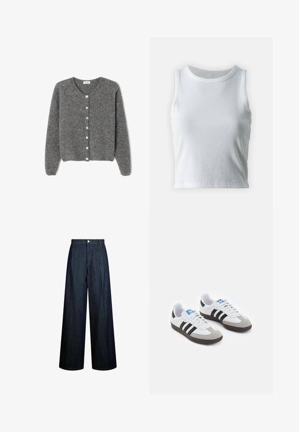 Hall hõbedane villane kardigan ümmarguse kaelusega, millel on seitse esist nuppu ja pehme, tekstuuriga viimistlus. Varrukad on veidi lõdvad.; Valge ribadega kampsun, ümarate kaelustega ja ilma varrukateta, sirge äärisega ning sileda, veniva struktuuriga.; Tumedast sinisest denimist laiad teksapüksid, kõrge vöökohaga, nähtava õmblemisega ja ees oleva nupuga kinni pandud. Minimalistlik disain.; Spordijalatsid valge nahkpealsega, halli nubuk-naha otsaga ja kolme musta triibuga. Omab sinist logo keele peal ja struktureeritud kummitalda.