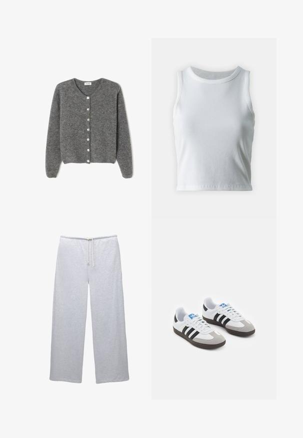 Grau gestrickte Wolle-Cardigan mit rundem Ausschnitt, ausgestattet mit sieben Vorderknöpfen und einer weichen, strukturierten Oberfläche. Die Ärmel sind leicht weit.; Weißes, geripptes Tanktop mit runder Ausschnittform und ärmellosem Design, ausgestattet mit einem geraden Saum und einer glatten, dehnbaren Textur.; PULL&BEAR Jogginghose - grey; Sportschuhe mit einem Obermaterial aus weißem Leder, grauer Wildleder-Zehenkappe und drei schwarzen Streifen. Sie verfügen über ein blaues Logo auf der Zunge und eine strukturierte Gummisohle.