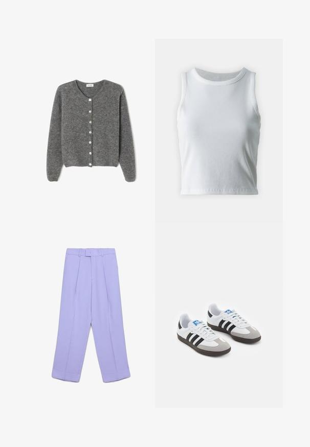 Cardigan en laine grise avec un col rond, comportant sept boutons sur le devant et une finition douce et texturée. Les manches sont légèrement amples.; Débardeur blanc côtelé avec un décolleté rond et sans manches, présentant un ourlet droit et une texture lisse et extensible.; Pantalons taille haute lilas, ajustés, avec passants de ceinture, plis avant, poches latérales, braguette zippée et ourlets larges à revers.; Baskets avec une tige en cuir blanc, un bout en daim gris et trois bandes noires. Présente un logo bleu sur la languette et une semelle en caoutchouc texturée.