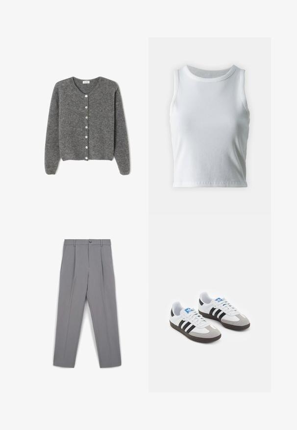 Cardigan en laine grise avec un col rond, comportant sept boutons sur le devant et une finition douce et texturée. Les manches sont légèrement amples.; Débardeur blanc côtelé avec un décolleté rond et sans manches, présentant un ourlet droit et une texture lisse et extensible.; Pantalons plissés gris en tissu lisse, dotés d'une fermeture à bouton à l'avant, de passants de ceinture et d'une coupe droite.; Baskets avec une tige en cuir blanc, un bout en daim gris et trois bandes noires. Présente un logo bleu sur la languette et une semelle en caoutchouc texturée.