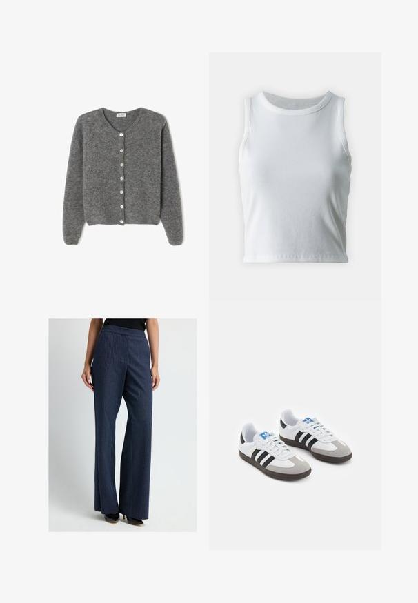 Harmaa villaneule, jossa on pyöreä kaula-aukko, seitsemällä etunapilla ja pehmeällä, teksturoidulla pinnalla. Hihat ovat hieman löysät.; Valkoinen poimutettu hihaton toppi, jossa on pyöreä kaula-aukko, suora helma ja sileä, joustava materiaali.; Nainen, jolla on päällään tummansinisiä viivapainanteita, leveälahkeiset housut ja mustat kärjelliset korkokengät, seisoo yksinkertaista taustaa vasten.; Urheilukengät, joissa on valkoinen nahkainen päällinen, harmaa mokkanokka ja kolme mustaa raitaa. Ominaisuuksina sininen logo kielekkeessä ja kuvioitu kumipohja.