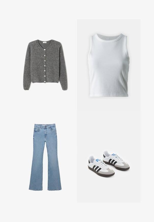 Grau gestrickte Wolle-Cardigan mit rundem Ausschnitt, ausgestattet mit sieben Vorderknöpfen und einer weichen, strukturierten Oberfläche. Die Ärmel sind leicht weit.; Weißes, geripptes Tanktop mit runder Ausschnittform und ärmellosem Design, ausgestattet mit einem geraden Saum und einer glatten, dehnbaren Textur.; Hellblaue Jeans mit hoher Taille, Fünf-Taschen-Design, Knopfverschluss und leicht ausgestellten Beinen.; Sportschuhe mit einem Obermaterial aus weißem Leder, grauer Wildleder-Zehenkappe und drei schwarzen Streifen. Sie verfügen über ein blaues Logo auf der Zunge und eine strukturierte Gummisohle.