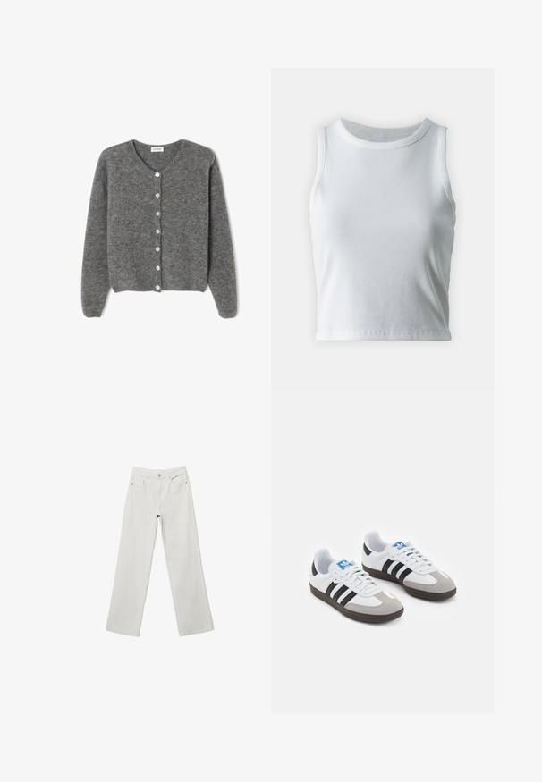 Sivkasta volnenega kardigana z okroglim izrezom, ki ima sedem sprednjih gumbov in mehak, teksturiran zaključek. Rokavi so nekoliko ohlapni.; Bela rebrasta majica brez rokavov z okroglo izrezom, s pravo hem in gladko, elastično strukturo.; Beli džins hlače iz belega denima širokega kroja z visokim pasom, zasnovo s petimi žepi in toniranimi šivi. Gumb in zadrga. Gladka tekstura.; Športni čevlji z belim usnjenim zgornjim delom, sivim semišem na prstih in tremi črnimi črtami. Imajo modro logo na jeziku in teksturiran gumijast podplat.