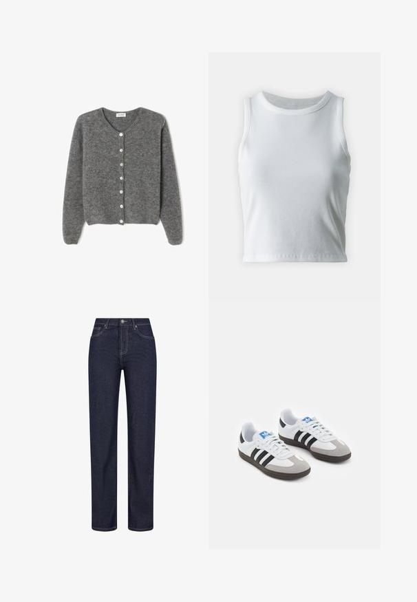 Harmaa villaneule, jossa on pyöreä kaula-aukko, seitsemällä etunapilla ja pehmeällä, teksturoidulla pinnalla. Hihat ovat hieman löysät.; Valkoinen poimutettu hihaton toppi, jossa on pyöreä kaula-aukko, suora helma ja sileä, joustava materiaali.; Tummansiniset farkut suoran lahkeen muotoilulla, joissa on näkyvät ompeleet, edessä nappisuljenta ja kaksi sivutaskua.; Urheilukengät, joissa on valkoinen nahkainen päällinen, harmaa mokkanokka ja kolme mustaa raitaa. Ominaisuuksina sininen logo kielekkeessä ja kuvioitu kumipohja.