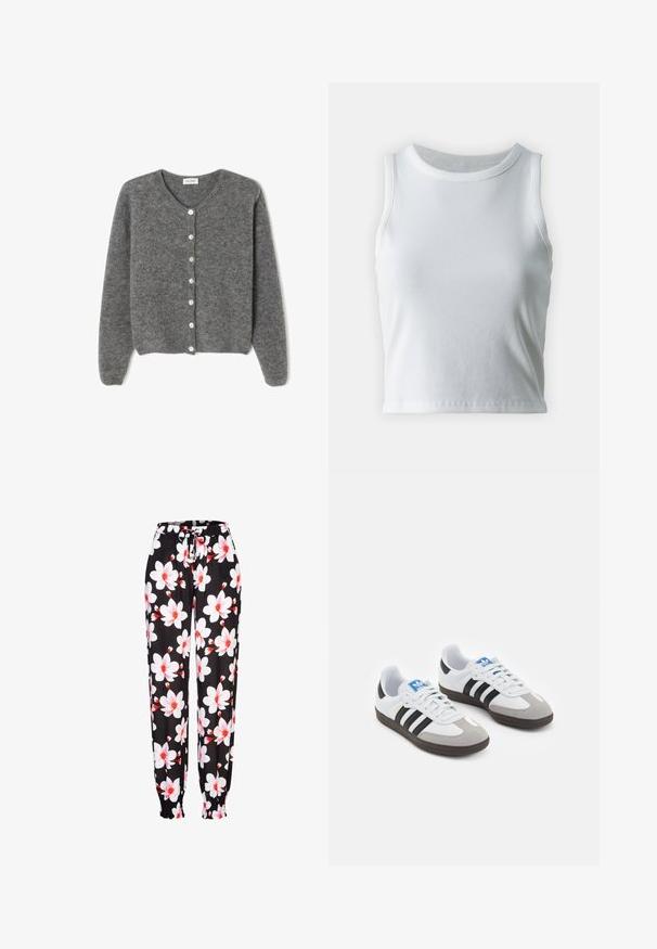 Grijze wollen cardigan met een ronde halslijn, voorzien van zeven knopen aan de voorkant en een zachte, gestructureerde afwerking. De mouwen zijn iets los.; Witte geribde tanktop met een ronde halslijn en mouwloos ontwerp, voorzien van een rechte zoom en een gladde, rekbare textuur.; Zwarte stoffen broek met een witte en rode bloemenprint, elastische tailleband met trekkoord en geraffineerde manchetten. Lichtgewicht materiaal.; Sportschoenen met een witte leren bovenkant, grijze suède neus en drie zwarte strepen. Bevat een blauw logo op de tong en een gestructureerde rubberen zool.