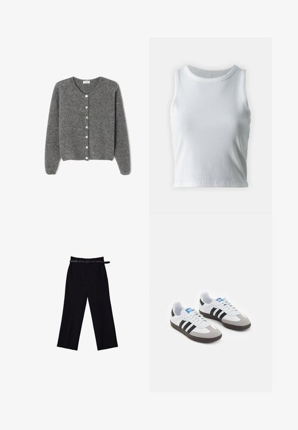 Cardigan en laine grise avec un col rond, comportant sept boutons sur le devant et une finition douce et texturée. Les manches sont légèrement amples.; Débardeur blanc côtelé avec un décolleté rond et sans manches, présentant un ourlet droit et une texture lisse et extensible.; Pantalons larges noirs avec une texture lisse. Dotés d'une taille ajustée, de passants de ceinture et de poches avant.; Baskets avec une tige en cuir blanc, un bout en daim gris et trois bandes noires. Présente un logo bleu sur la languette et une semelle en caoutchouc texturée.