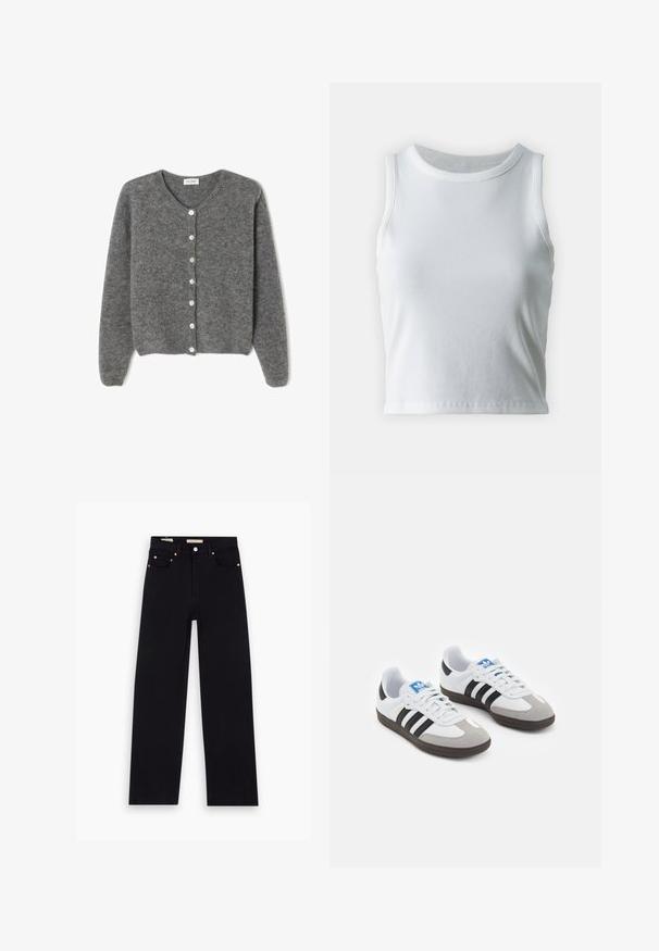 Sivi vuneni kardigan s okruglim izrezom, sa sedam prednjih dugmadi i mekim, teksturiranim završetkom. Rukavi su blago široki.; Bjela rebrasta majica bez rukava s okruglim izrezom i ravnim rubom, koja ima glatku i rastezljivu teksturu.; Crne trapke od denima s ravnim krojem, pet džepova, bakrenim detaljima i glatkom teksturom. Dva oznaka su vidljiva na pojasu.; Sportske cipele s gornjištem od bijele kože, sivi suedinasti nos i tri crne pruge. Imaju plavi logo na jeziku i teksturiranu gumenu podlogu.