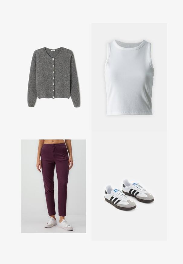 Cardigan en laine grise avec un col rond, comportant sept boutons sur le devant et une finition douce et texturée. Les manches sont légèrement amples.; Débardeur blanc côtelé avec un décolleté rond et sans manches, présentant un ourlet droit et une texture lisse et extensible.; Pantalons ajustés bordeaux en coton, avec fermeture à bouton, poches avant et longueur courte, associés à des baskets blanches.; Baskets avec une tige en cuir blanc, un bout en daim gris et trois bandes noires. Présente un logo bleu sur la languette et une semelle en caoutchouc texturée.