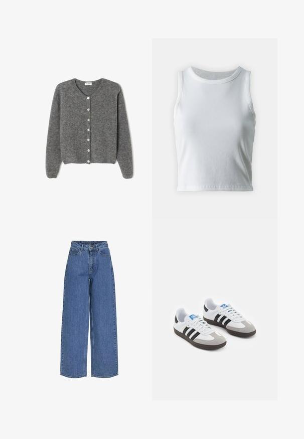 Šedý vlněný kardigan s kulatým výstřihem, který má sedm předních knoflíků a měkký, texturovaný povrch. Rukávy jsou mírně volné.; Bílý žebrovaný tílko s kulatým výstřihem a bezramínkovým designem, s rovnými lemy a hladkou, elastickou strukturou.; Široké modré džíny s vysokým pasem, vyrobené z denimu. Mezi jejich funkce patří přední kapsy a zapínání na knoflík. Klasický ležérní design.; Sportovní boty s bílým koženým svrškem, šedou semišovou špičkou a třemi černými pruhy. Obsahují modré logo na jazyku a texturovanou gumovou podrážku.