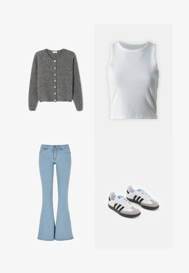 Sivkasta volnenega kardigana z okroglim izrezom, ki ima sedem sprednjih gumbov in mehak, teksturiran zaključek. Rokavi so nekoliko ohlapni.; Bela rebrasta majica brez rokavov z okroglo izrezom, s pravo hem in gladko, elastično strukturo.; Svetlo modri splavasti kavbojke z visokim pasom, petimi žepi in gumbom za zapiranje. Imajo gladko teksturo in čist rob.; Športni čevlji z belim usnjenim zgornjim delom, sivim semišem na prstih in tremi črnimi črtami. Imajo modro logo na jeziku in teksturiran gumijast podplat.