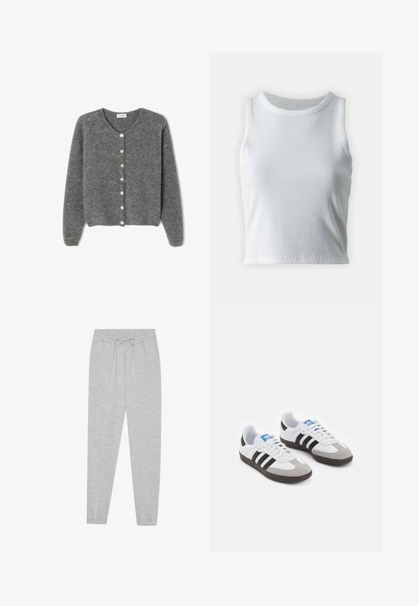 Szary wełniany kardigan z okrągłym dekoltem, z siedmioma guzikami z przodu i miękkim, teksturowanym wykończeniem. Rękawy są nieco luźne.; Biała, prążkowana koszulka na ramiączkach z okrągłym dekoltem i bez rękawów, z prostym dołem i gładką, elastyczną teksturą.; Szare dresowe spodnie o miękkiej fakturze, elastycznym pasie i detalach ze sznurkiem. Zwężana nogawka w casualowym kroju.; Buty sportowe z białą skórzaną cholewką, szarym zamszowym noskiem i trzema czarnymi paskami. Posiadają niebieskie logo na języku oraz teksturowaną gumową podeszwę.