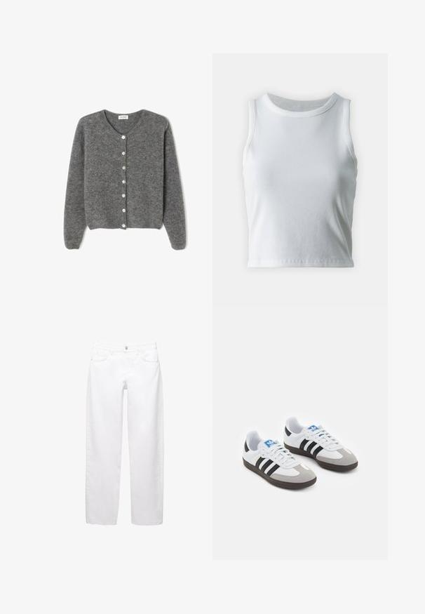 Sivi vuneni kardigan s okruglim izrezom, sa sedam prednjih dugmadi i mekim, teksturiranim završetkom. Rukavi su blago široki.; Bjela rebrasta majica bez rukava s okruglim izrezom i ravnim rubom, koja ima glatku i rastezljivu teksturu.; Bijele traperice od denima s ravnim nogavicama, s prednjim džepovima, petljama za pojas i zatvaranjem na gumb. Glatka tekstura, klasičan stil.; Sportske cipele s gornjištem od bijele kože, sivi suedinasti nos i tri crne pruge. Imaju plavi logo na jeziku i teksturiranu gumenu podlogu.