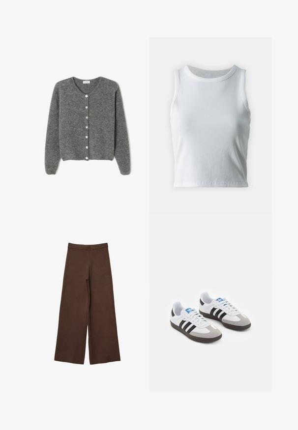 Grå uld cardigan med rund hals, prydet med syv knapper foran og en blød, tekstureret overflade. Ærmerne er en smule løse.; Hvid ribbet tanktop med rund halsudskæring og ærmeløs design, med en lige kant og en glat, strækbar tekstur.; Brune brede bukser lavet af blødt stof, med et rillet elastisk taljebånd og uden synlige lukninger eller lommer.; Sportsko med en overdel i hvid læder, grå ruskind på tåen og tre sorte striber. Har et blåt logo på tungen og en struktureret gummisål.