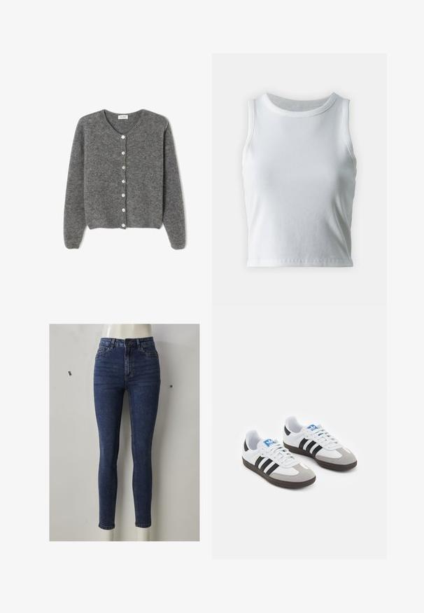 Šedý vlněný kardigan s kulatým výstřihem, který má sedm předních knoflíků a měkký, texturovaný povrch. Rukávy jsou mírně volné.; Bílý žebrovaný tílko s kulatým výstřihem a bezramínkovým designem, s rovnými lemy a hladkou, elastickou strukturou.; Úzké džíny z tmavě modrého denimu, s vysokým pasem a přiléhavým střihem, s předními kapsami, zipovým zapínáním a jemným vyblednutím na stehnech.; Sportovní boty s bílým koženým svrškem, šedou semišovou špičkou a třemi černými pruhy. Obsahují modré logo na jazyku a texturovanou gumovou podrážku.
