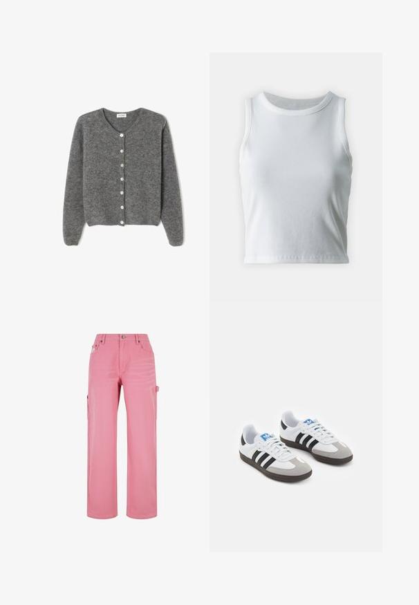 Sivi vuneni kardigan s okruglim izrezom, sa sedam prednjih dugmadi i mekim, teksturiranim završetkom. Rukavi su blago široki.; Bjela rebrasta majica bez rukava s okruglim izrezom i ravnim rubom, koja ima glatku i rastezljivu teksturu.; Ružičaste cargo hlače od denima. Imaju visoki struk, široke nogavice, bočne džepove i prednje kopčanje na dugme. Glatka tekstura i ravnomjerna boja.; Sportske cipele s gornjištem od bijele kože, sivi suedinasti nos i tri crne pruge. Imaju plavi logo na jeziku i teksturiranu gumenu podlogu.