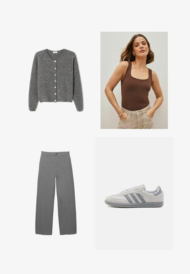 Szary wełniany kardigan z okrągłym dekoltem, z siedmioma guzikami z przodu i miękkim, teksturowanym wykończeniem. Rękawy są nieco luźne.; Brązowy bezrękawnik z kwadratowym dekoltem, wykonany z gładkiego materiału, w połączeniu z jasnobeżowymi spodniami z wysokim stanem. Prosty design.; Szare spodnie z szerokimi nogawkami, wykonane z teksturowanej tkaniny, z zapięciem na guzik i elastycznym pasem, o prostym kroju.; Białe skórzane trampki z trzema szarymi paskami, zaokrąglonym noskiem, szarymi akcentami na pięcie i teksturowaną gumową podeszwą.