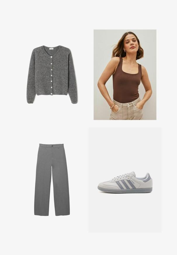 Sivi vuneni kardigan s okruglim izrezom, sa sedam prednjih dugmadi i mekim, teksturiranim završetkom. Rukavi su blago široki.; Smeđi bodis bez rukava sa kvadratnim izrezom, napravljen od glatkog materijala, uparen s hlačama visokog struka u svijetlo bež boji. Jednostavan dizajn.; Svijetlosive široke hlače s glatkim, teksturiranim materijalom, s prednjim zatvaračem na kopču i petljama za remen u struku.; Bijele kožne tenisice s tri sive pruge, zaobljenim vrhom, sivim detaljima na peti i teksturiranom gumenom potplatu.