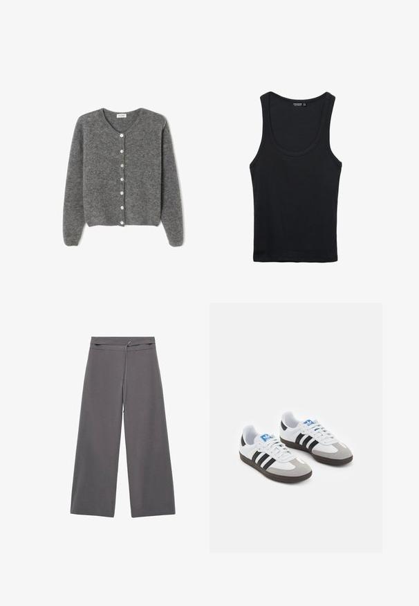 Šedý vlněný kardigan s kulatým výstřihem, který má sedm předních knoflíků a měkký, texturovaný povrch. Rukávy jsou mírně volné.; Černý bavlněný tílko s kulatým výstřihem a širokými ramínky. Disponuje hladkou texturou a klasickým, přiléhavým designem.; Široké kalhoty z tmavě šedé tkaniny s hladkou texturou, s opaskem v pase a minimalistickým designem.; Sportovní boty s bílým koženým svrškem, šedou semišovou špičkou a třemi černými pruhy. Obsahují modré logo na jazyku a texturovanou gumovou podrážku.