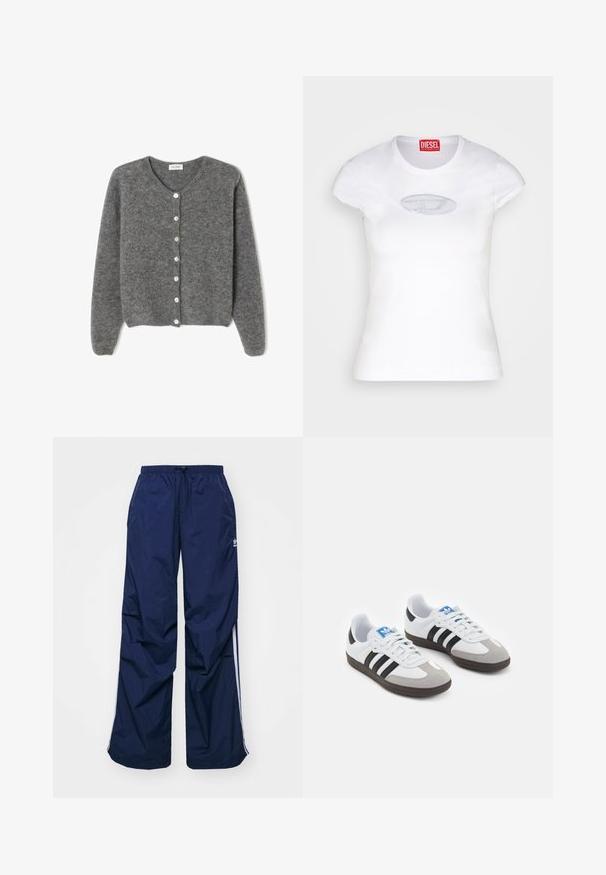 Sivi vuneni kardigan s okruglim izrezom, sa sedam prednjih dugmadi i mekim, teksturiranim završetkom. Rukavi su blago široki.; Bijela uska majica od pamuka, s okruglim izrezom i kratkim rukavima, s svijetloplavim izvezenim logom na prednjoj strani.; Donje hlače mornarsko plave boje, lagane, s elastičnim strukom i vezicama, ukrašene bijelim bočnim prugama i malim logotipom sprijeda. Udoban, široki kroj.; Sportske cipele s gornjištem od bijele kože, sivi suedinasti nos i tri crne pruge. Imaju plavi logo na jeziku i teksturiranu gumenu podlogu.