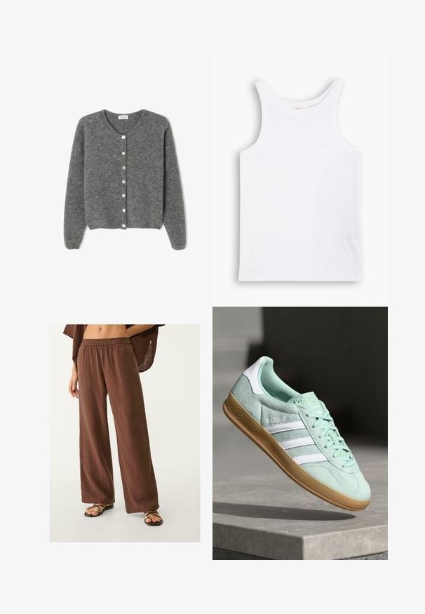 Cardigan en laine grise avec un col rond, comportant sept boutons sur le devant et une finition douce et texturée. Les manches sont légèrement amples.; Débardeur en coton blanc avec de larges bretelles, un col rond et une texture lisse et côtelée. Aucun motif ni accent présent.; Pantalons larges marron en tissu texturé, avec une taille élastique. Associés à des sandales plates à lanières.; Baskets Adidas Gazelle en daim vert menthe avec accents blancs, fermeture à lacets et semelle en caoutchouc gomme. Présente trois rayures blanches.
