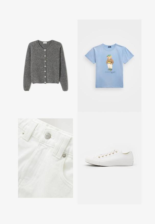 Cardigan en laine grise avec un col rond, comportant sept boutons sur le devant et une finition douce et texturée. Les manches sont légèrement amples.; Polo Ralph Lauren POLO BEAR COTTON JERSEY T-SHIRT - T-shirt imprimé - chambray blue; Shorts en denim blanc avec une taille structurée, détail de bouton en argent et tissu texturé. Caractéristiques : poches avant et couture soignée.; Converse CHUCK TAYLOR ALL STAR - Baskets basses - vintage white/light gold
