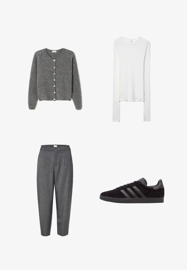 Harmaa villaneule, jossa on pyöreä kaula-aukko, seitsemällä etunapilla ja pehmeällä, teksturoidulla pinnalla. Hihat ovat hieman löysät.; Valkoinen pitkähihainen t-paita, joka on valmistettu pehmeästä, joustavasta kankaasta. Ominaisuuksiin kuuluu pyöreä kaula-aukko ja istuvat hihat, joissa on yksinkertainen, sileä texture.; Harmaat, kapenevat housut, jotka on valmistettu teksturoidusta kankaasta; niissä on laskoksia ja sileä vyötärö, jossa on piilotettu sulkija.; Musta mokkasneakerit, joissa on teksturoidut kumipohjat, kolme mustaa nahkaviivaa, pyöristetty kärki ja pehmustettu nilkkapanta.