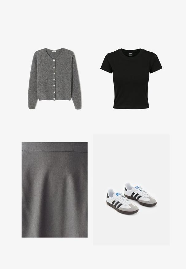 Sivý vlnený kardigán s okrúhlym výstrihom, s vydaním sedem predných gombíkov a jemným, textúrovaným povrchom. Rukávy sú mierne voľné.; Čierne tričko s krátkym rukávom vyrobené z hladkého bavlneného materiálu, s okrúhlym výstrihom a priliehavým strihom. Bez viditeľných vzorov alebo akcentov.; Sivá tkanina s hladkou a rovnomernou textúrou. Jemný lesk zvýrazňuje čisté línie a záhyby, čo naznačuje štruktúrovaný dizajn. Žiadne viditeľné vzory ani potlače.; Športové topánky s bielym koženým zvrškom, šedou semišovou špičkou a tromi čiernymi pruhmi. Obsahujú modré logo na jazyku a štruktúrovanú gumovú podrážku.