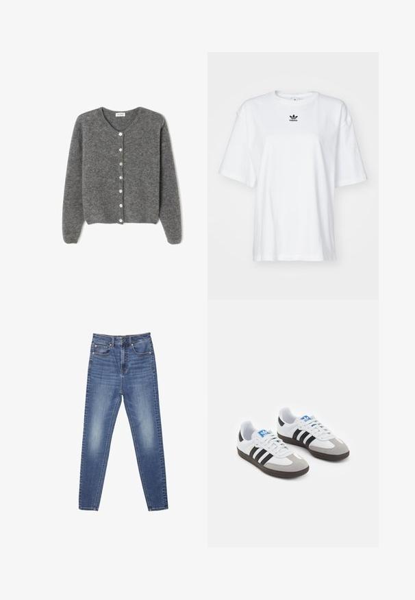 Šedý vlněný kardigan s kulatým výstřihem, který má sedm předních knoflíků a měkký, texturovaný povrch. Rukávy jsou mírně volné.; Bílý krátký rukávový tričko vyrobené z bavlny. Má kruhový výstřih a malé černé logo Adidas na hrudi. Rovný lem.; Modré džínové kalhoty se rovnou nohavicemi, pěti kapsami a viditelným šitím. Tkanina má vybledlou strukturu s hladkým povrchem.; Sportovní boty s bílým koženým svrškem, šedou semišovou špičkou a třemi černými pruhy. Obsahují modré logo na jazyku a texturovanou gumovou podrážku.