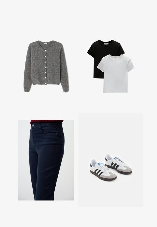 Cardigan en laine grise avec un col rond, comportant sept boutons sur le devant et une finition douce et texturée. Les manches sont légèrement amples.; Deux t-shirts à col rond en noir et blanc, fabriqués en coton. Ils ont des manches courtes et un design uni sans motifs ni accents.; Jean en mélange de coton bleu marine avec une coupe slim, dotés de poches latérales et d'un bouton à la taille à l'avant. Texture lisse et détails de couture minimalistes.; Baskets avec une tige en cuir blanc, un bout en daim gris et trois bandes noires. Présente un logo bleu sur la languette et une semelle en caoutchouc texturée.